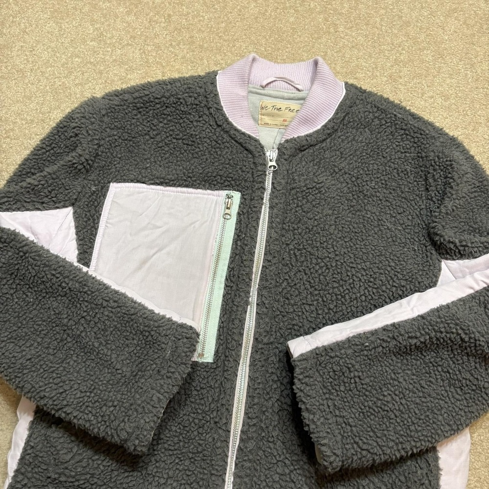 We The Free Rivington Sherpa Jacket FP Womens XS Zip Pockets Gray Pink Bomber